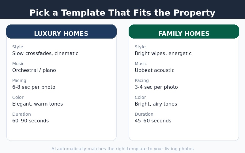 Side-by-side comparison of a listing video template selection showing different styles for luxury versus family homes
