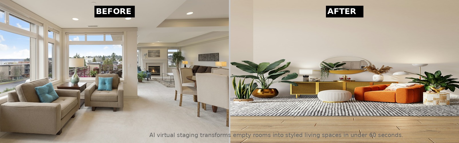 AI virtual staging before and after comparison showing an empty room transformed with modern furniture