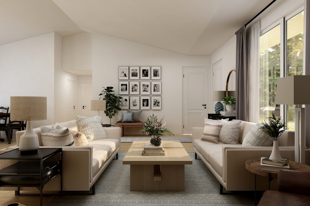 Before and after of an empty living room virtually staged with AI furniture and decor
