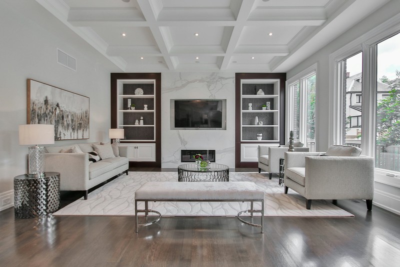 Staged model home great room: the room order a walkthrough follows, shot in one video day