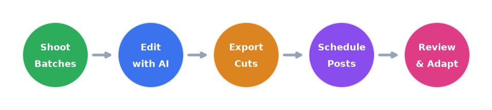 Real estate video production workflow diagram showing shoot, edit, export, schedule, review cycle
