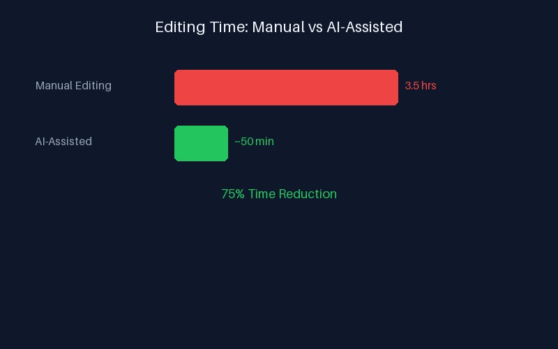 Side-by-side comparison of manual vs AI-assisted editing timeline showing hours vs minutes per stage