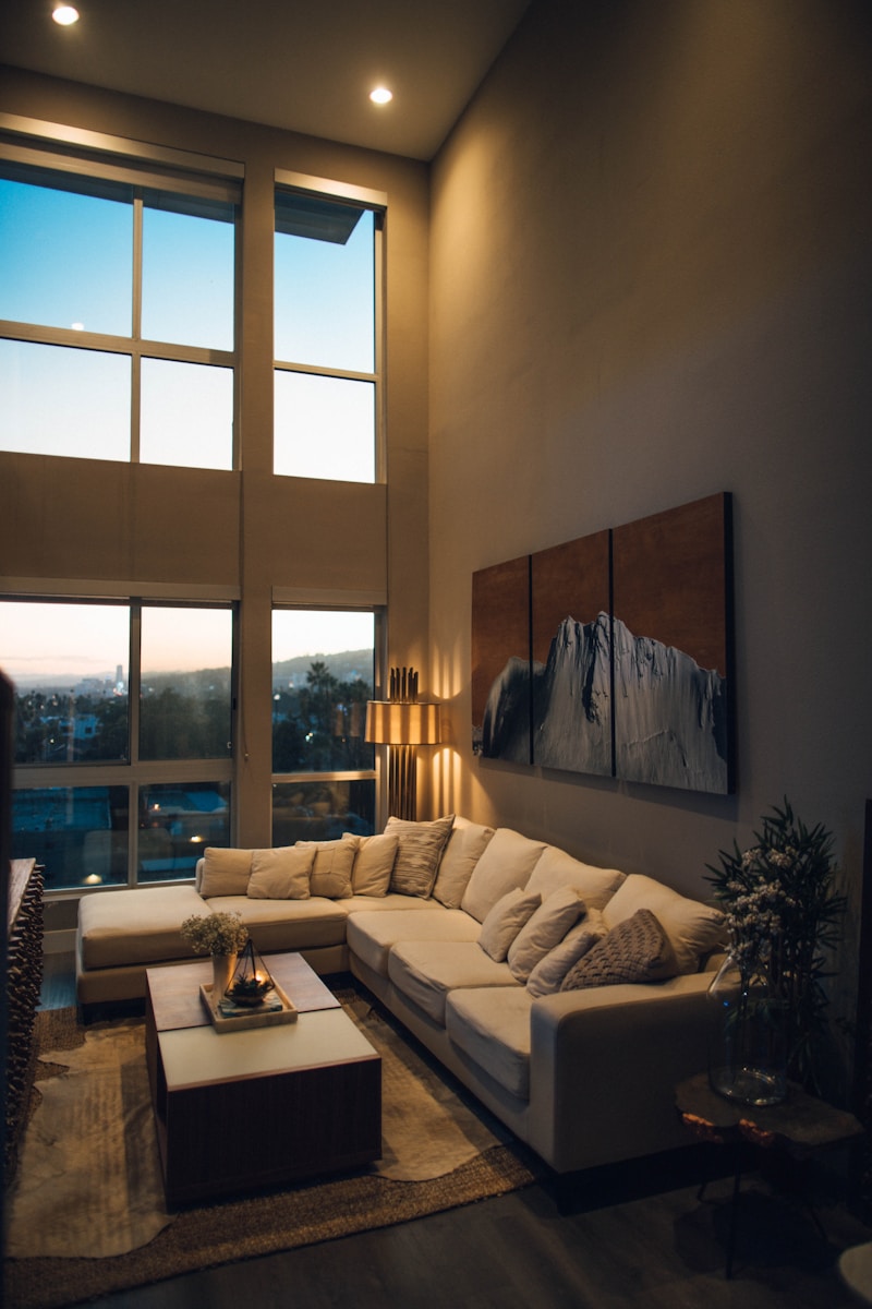 Bright professional real estate listing photo of a staged living room