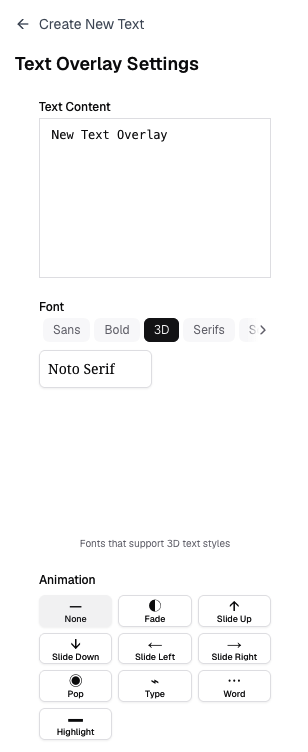 Text panel showing 3D font and animation controls