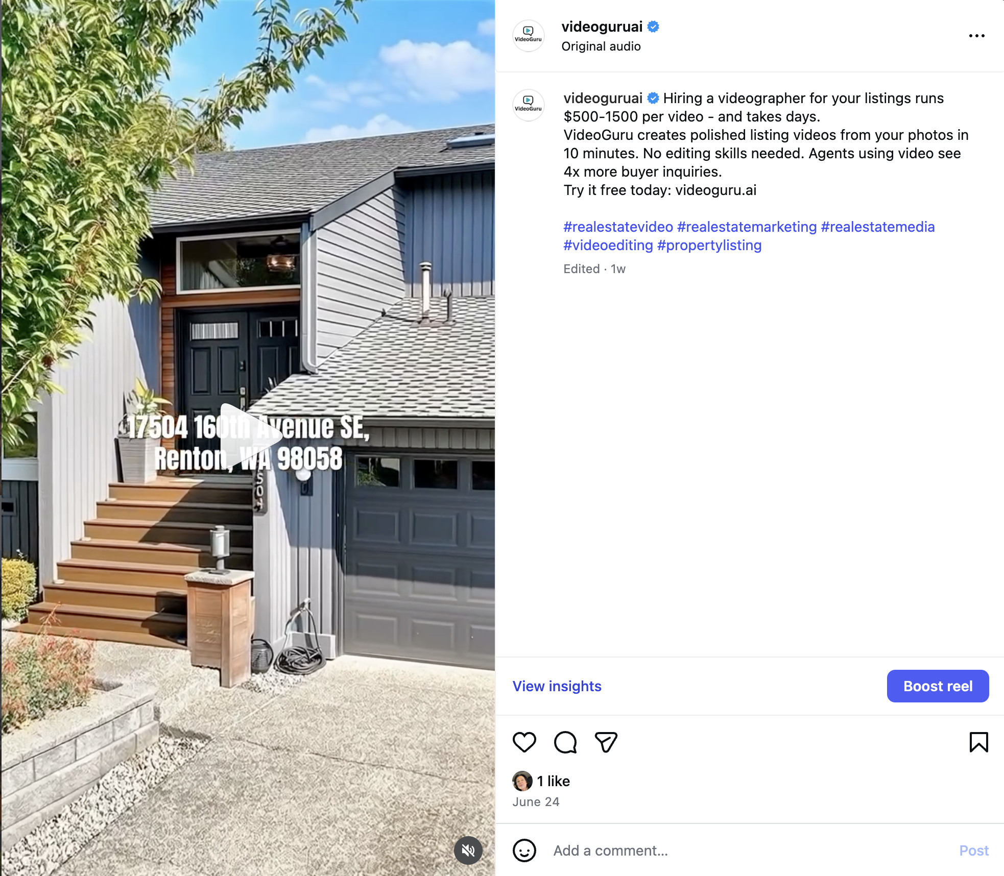 Vertical property video posted on Instagram