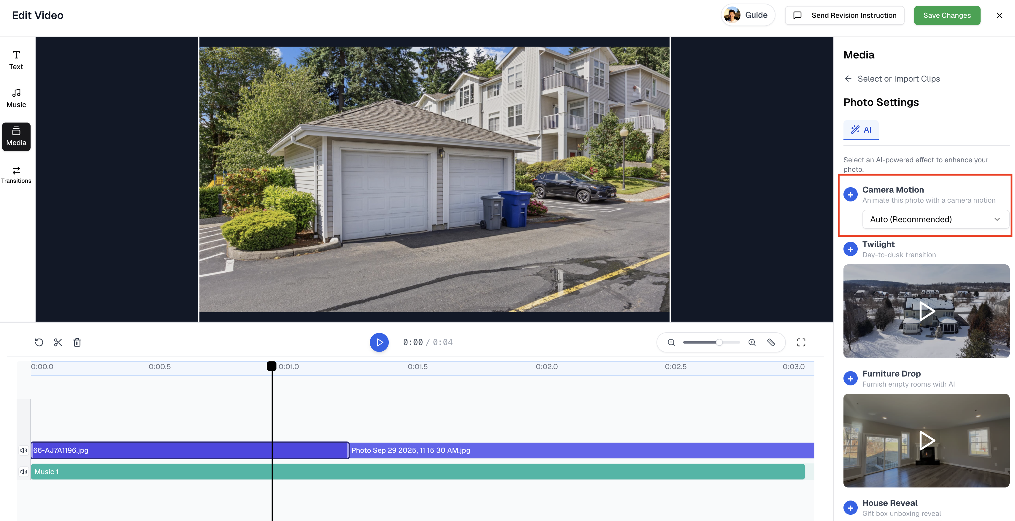 Photo Settings panel with Camera Motion controls for an inserted photo clip in VideoGuru