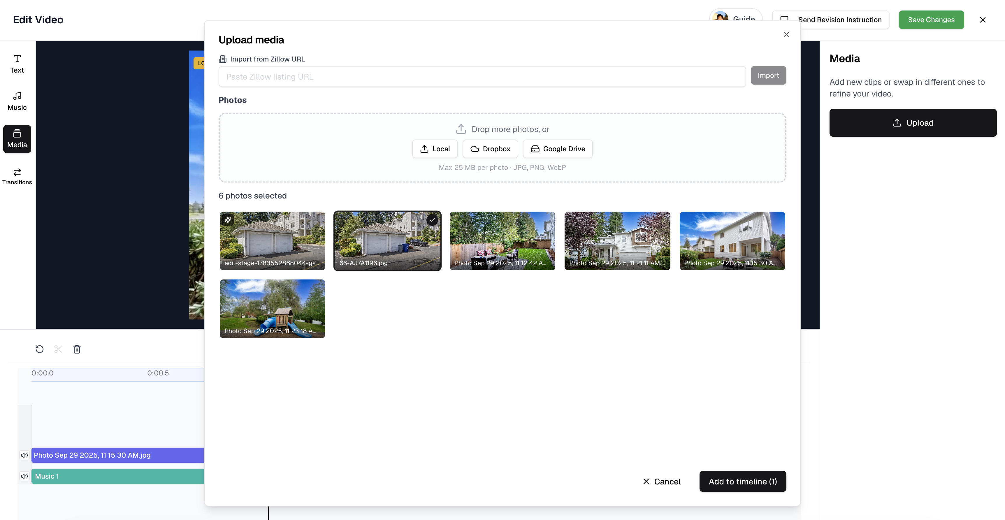 Media panel for uploading, importing, selecting, and inserting photos into the VideoGuru timeline