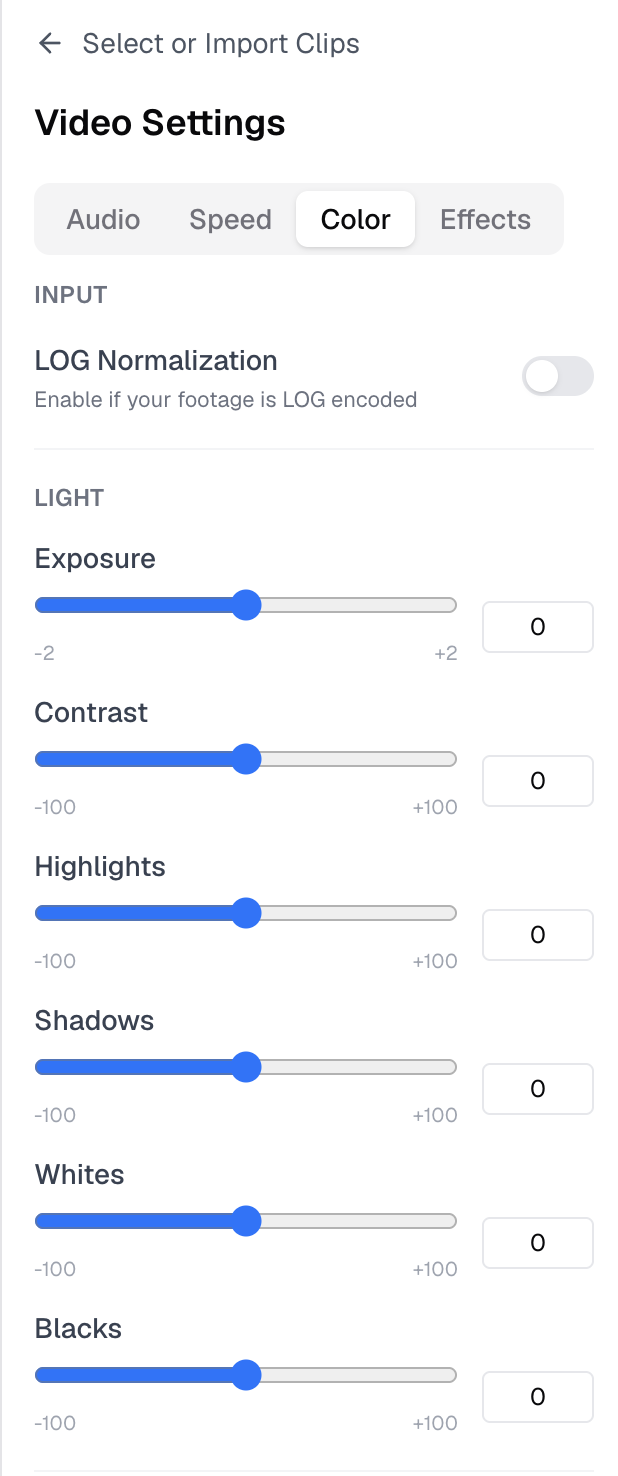 Color adjustment controls in the VideoGuru editor