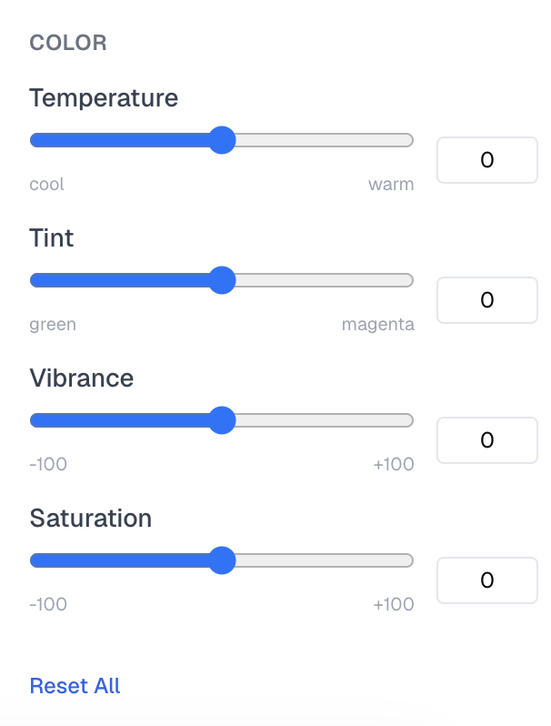Visual adjustment options in the VideoGuru color panel