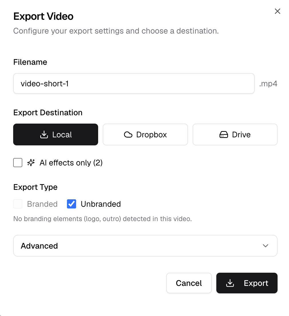 Export settings for downloading branded, unbranded, or both video versions in VideoGuru