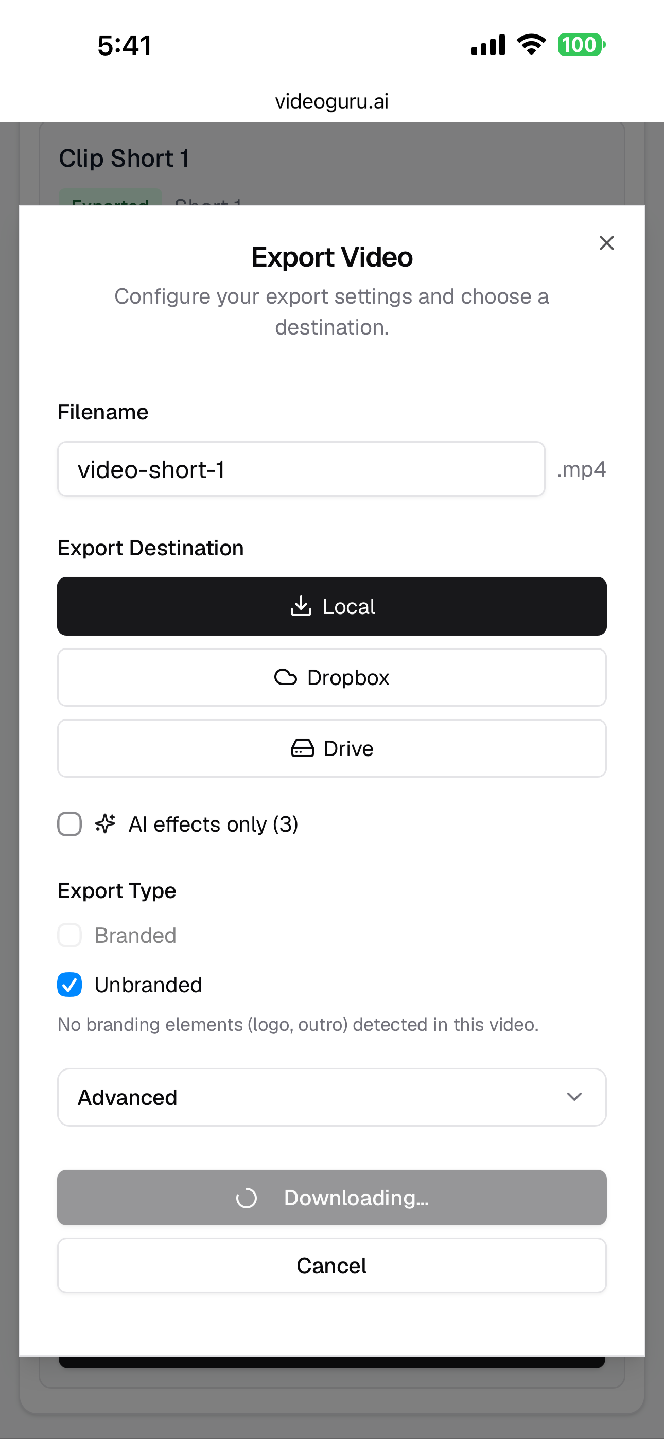 Export button used to download the completed video on iPhone