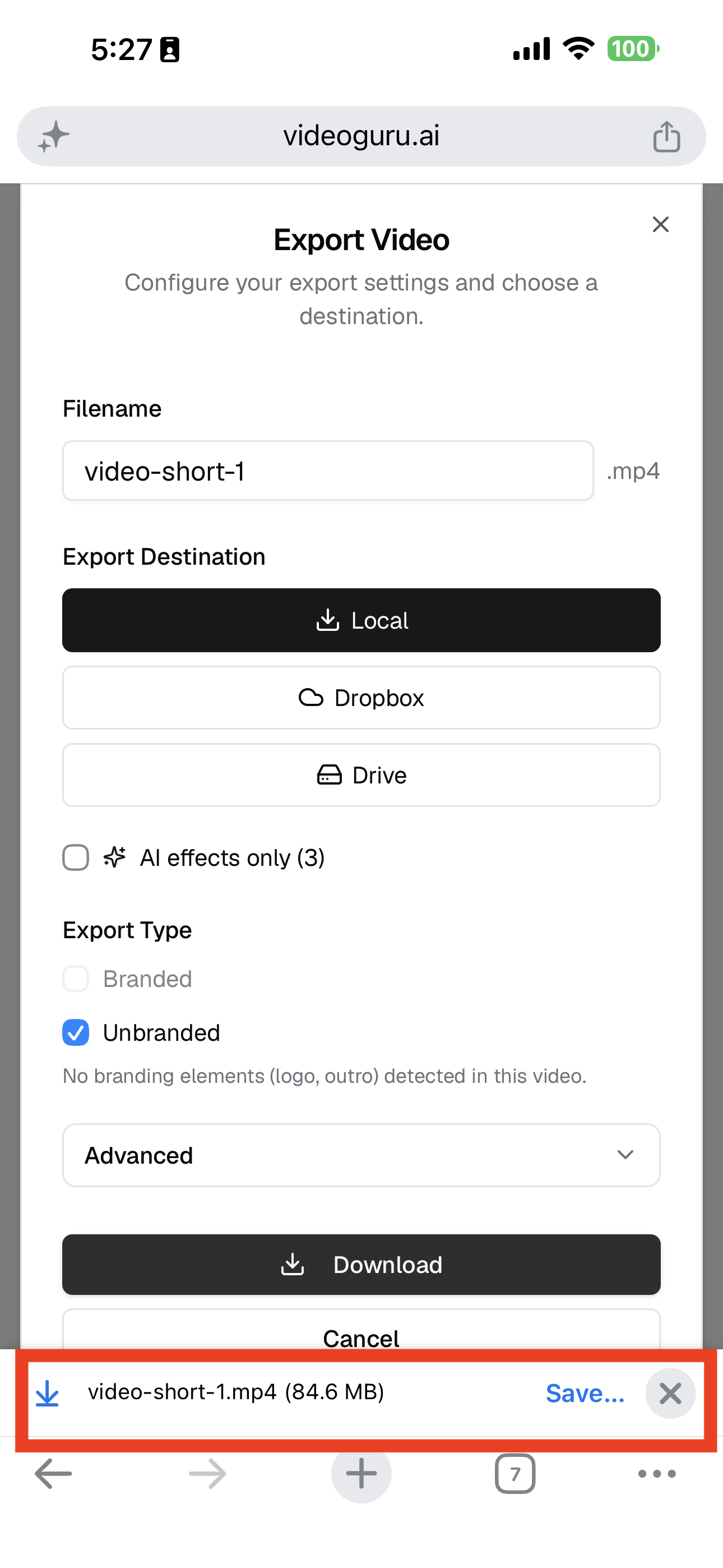 iPhone browser download banner with Save button