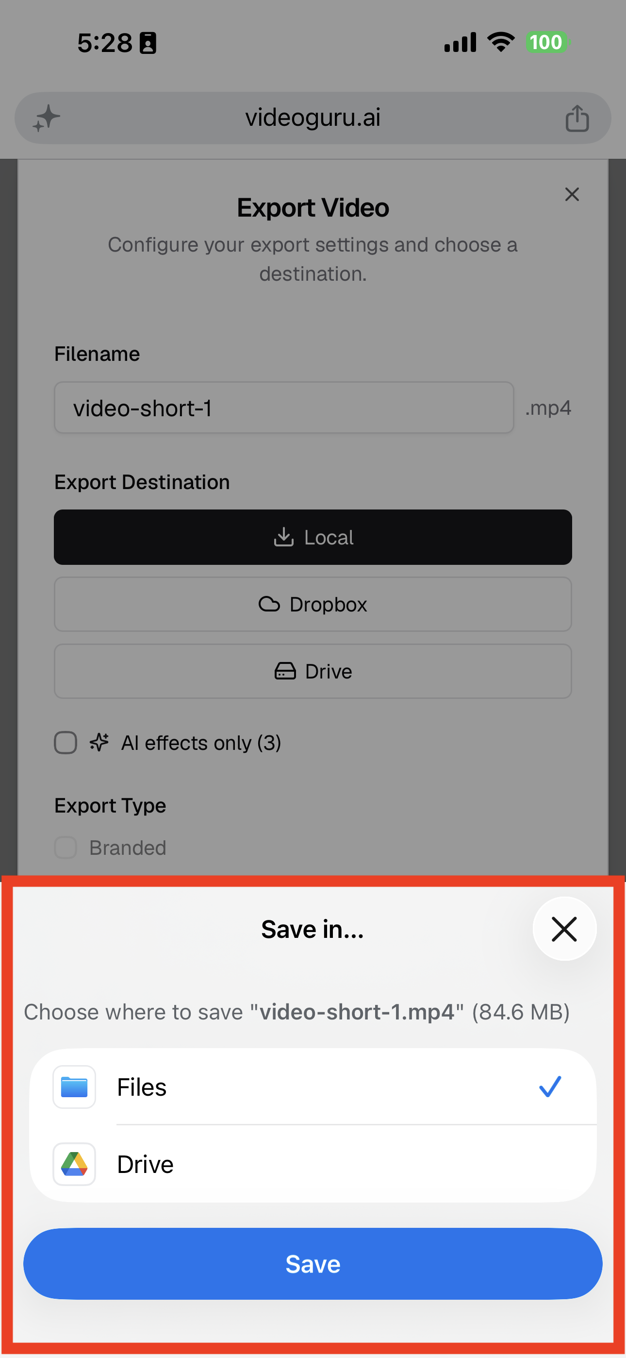 iPhone save options showing Files and Save