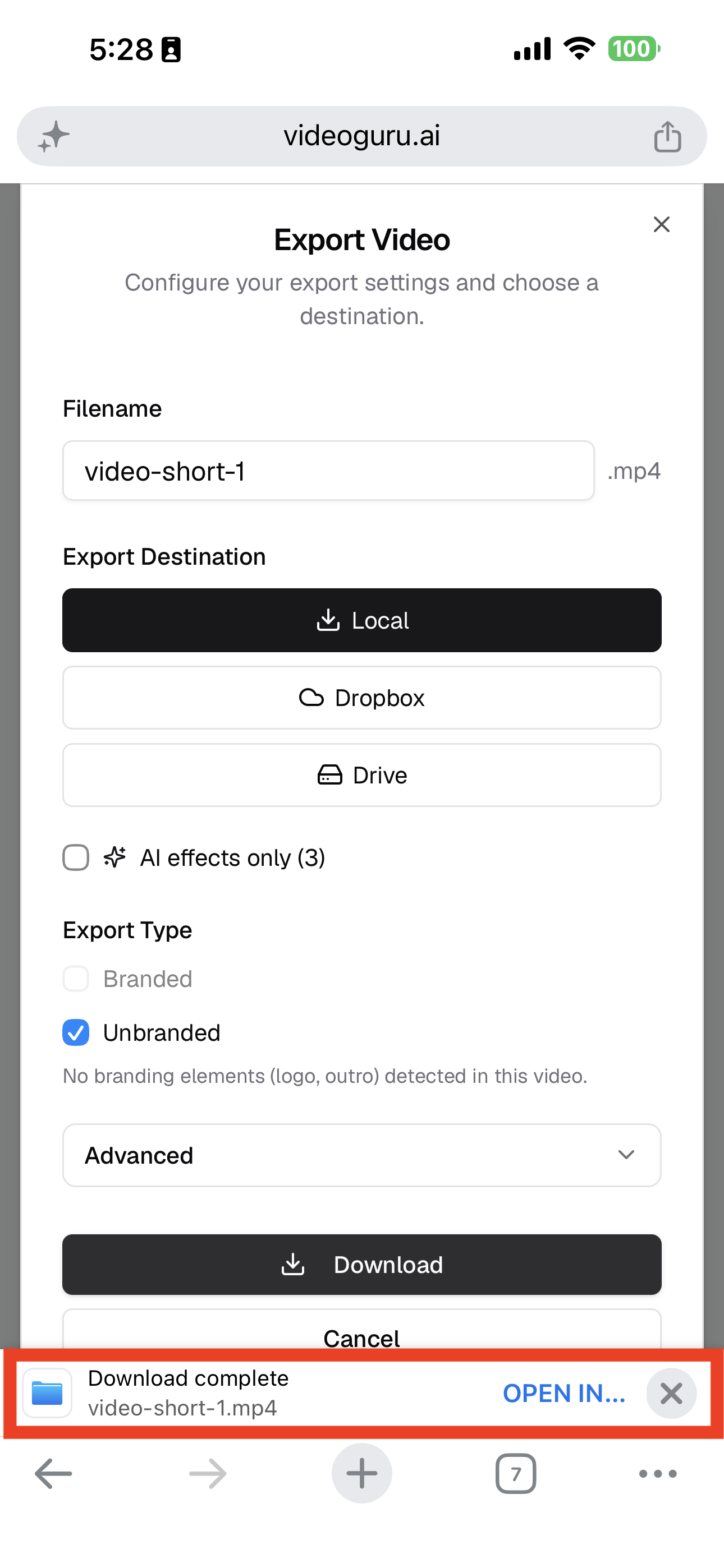 iPhone browser banner with OPEN IN button after saving the video