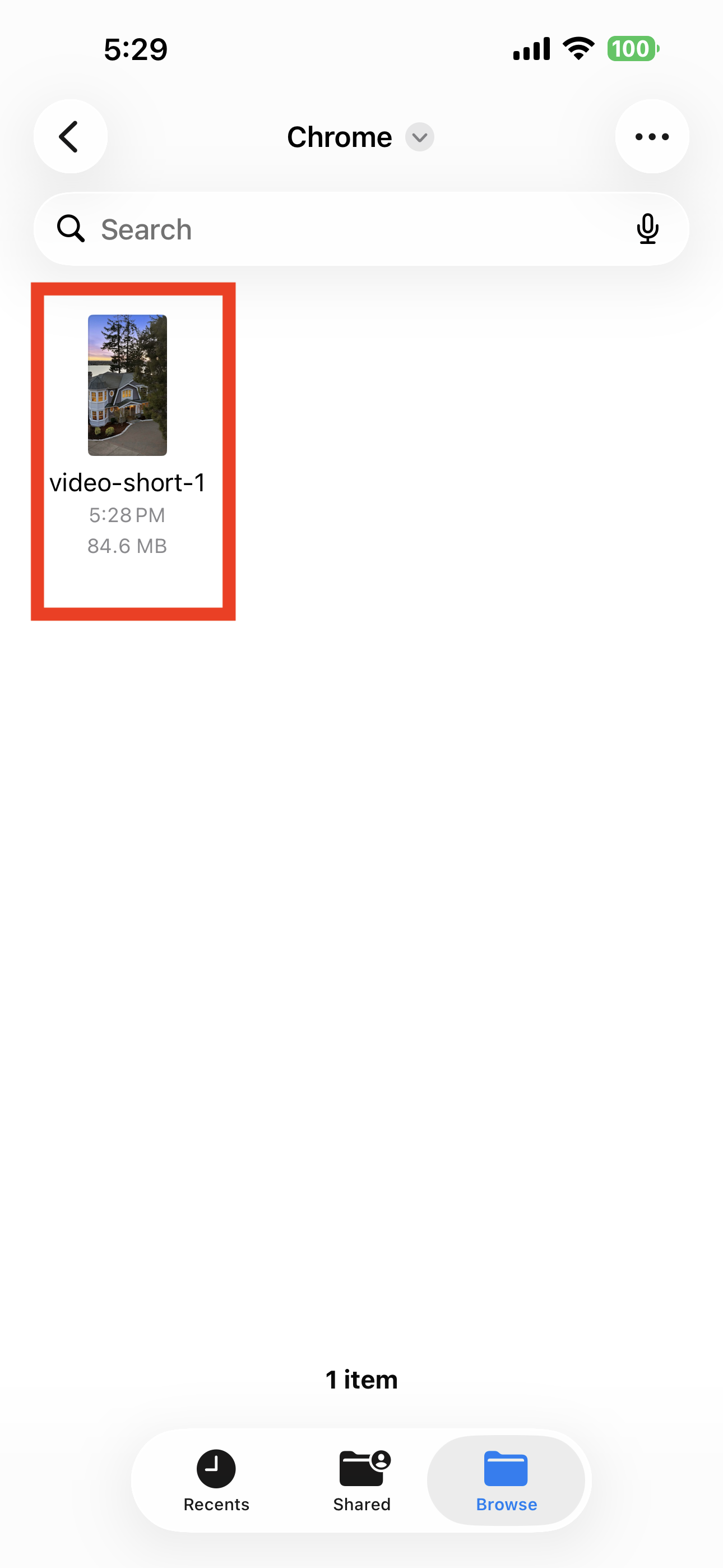 Downloaded video file shown in the Chrome browser folder on iPhone