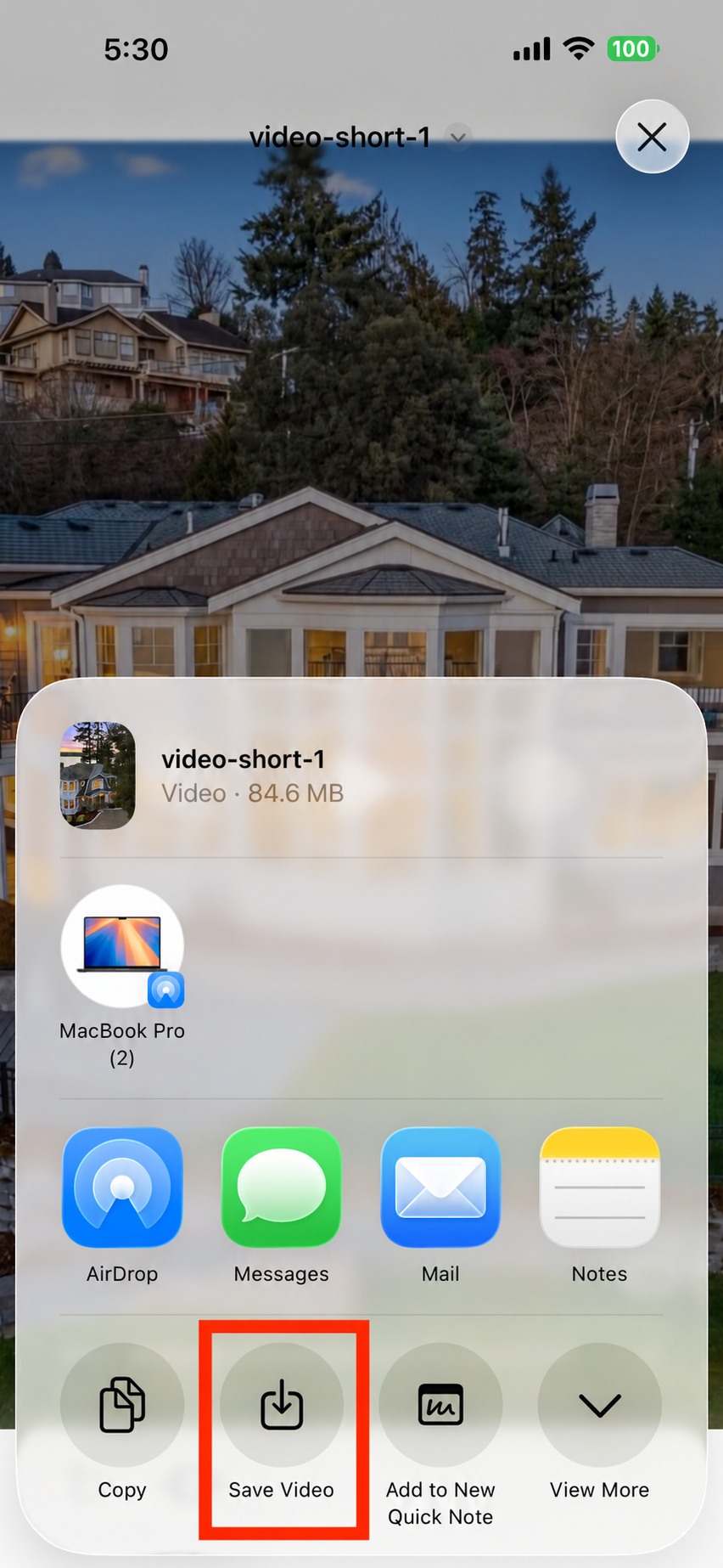 iPhone share sheet showing Save Video option