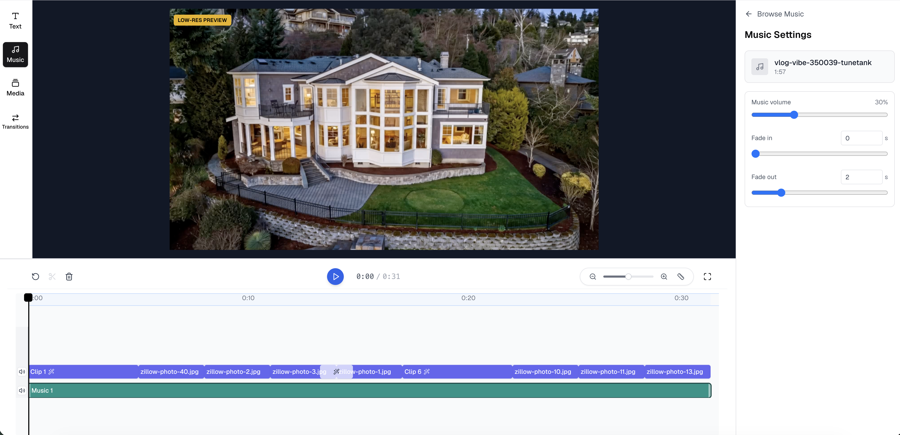 Music Settings panel with volume, fade in, and fade out controls in VideoGuru