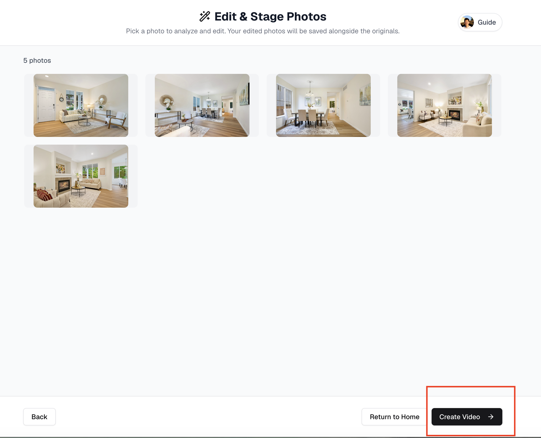 Continue creating a video with edited photos in the VideoGuru wizard