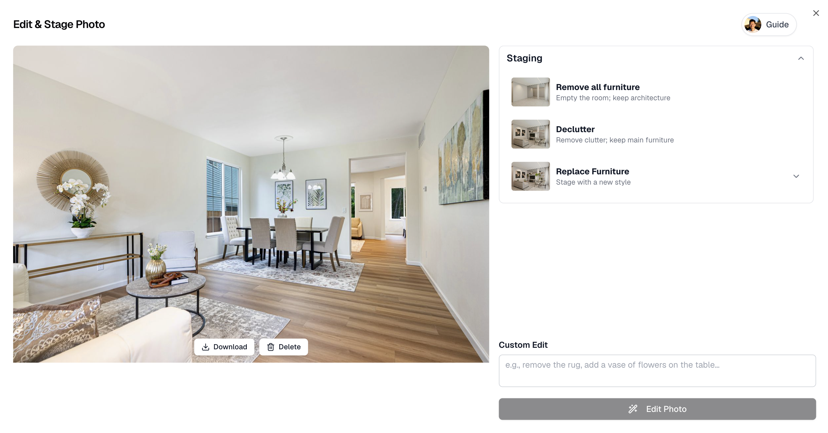 Staging options in VideoGuru photo editing