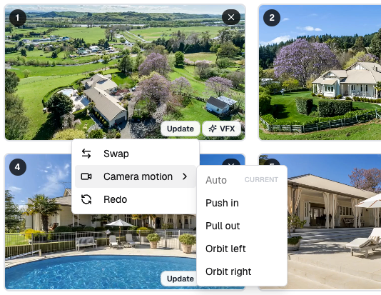 Quick Edits clips step with per-clip Swap, Update, and VFX controls