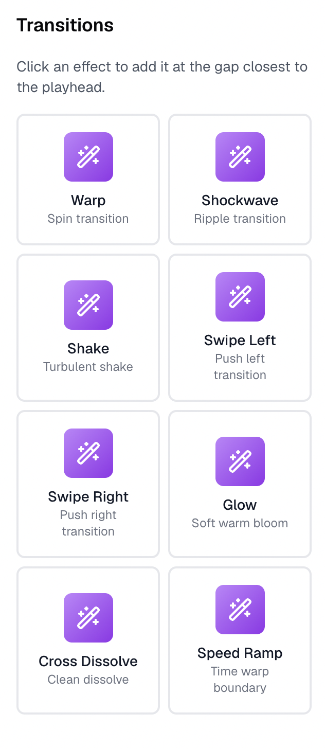 Transitions panel listing available transition effects