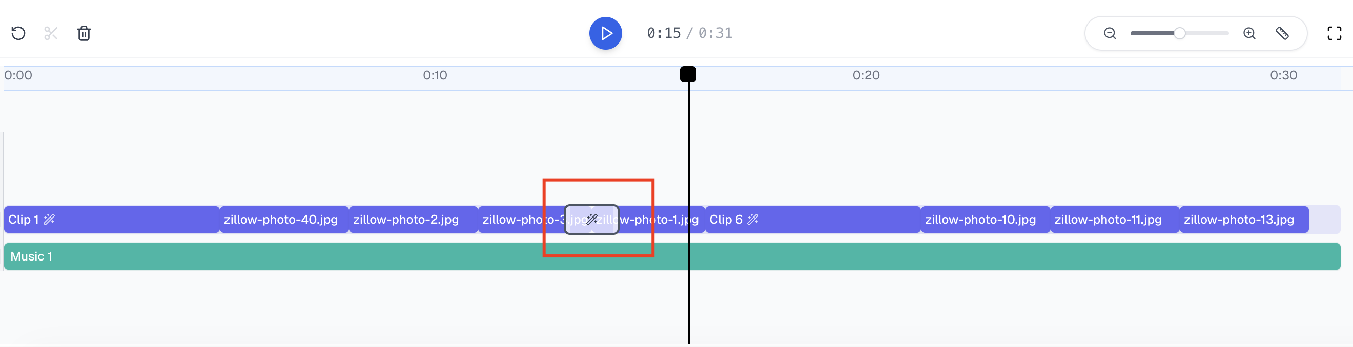 Transition block shown in the VideoGuru timeline